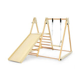 4-in-1 Indoor Folding Eco Wood Montessori Climbing Gym with Swing | Slide with Climbing Wall | Natural