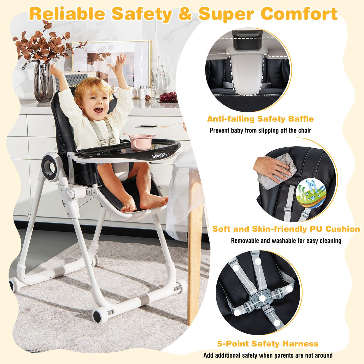 Folding Height Adjustable Baby High Chair Lockable Wheels Removable  Trays Cushion
