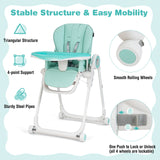 Height adjustable and portable baby high chair in mint green