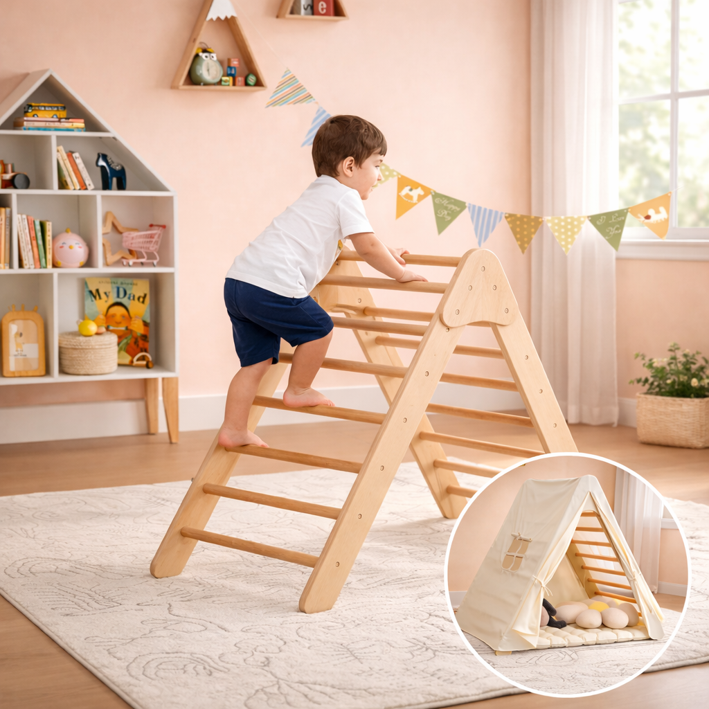 pikler dreieck zelt 3-in-1 Montessori Pikler Dreieck aus Öko-Holz | Spielzelt mit Matte