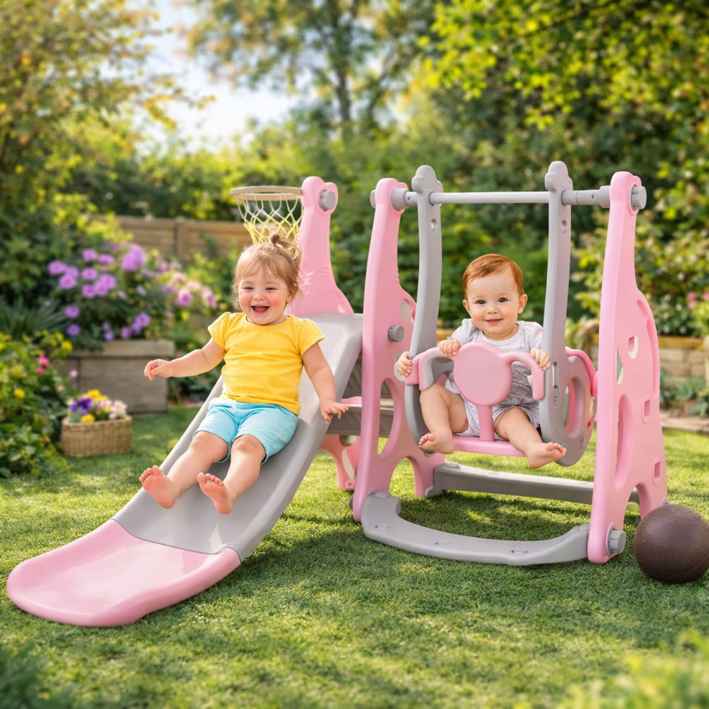 Toboggan et Balançoire, Toboggans Enfant, 5 en 1 Toboggan Bebe avec Balançoire,Télescope, Espace de Rangement, Escaliers, Aire de Jeux Intérieure et Extérieure, Vert Gris, Module 2PCS