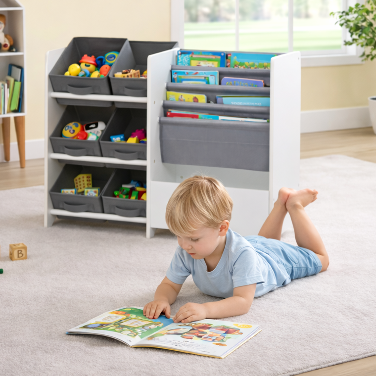 Montessori-Spielzeugaufbewahrungseinheit und Bücherregal | 3 Lagerkästen
