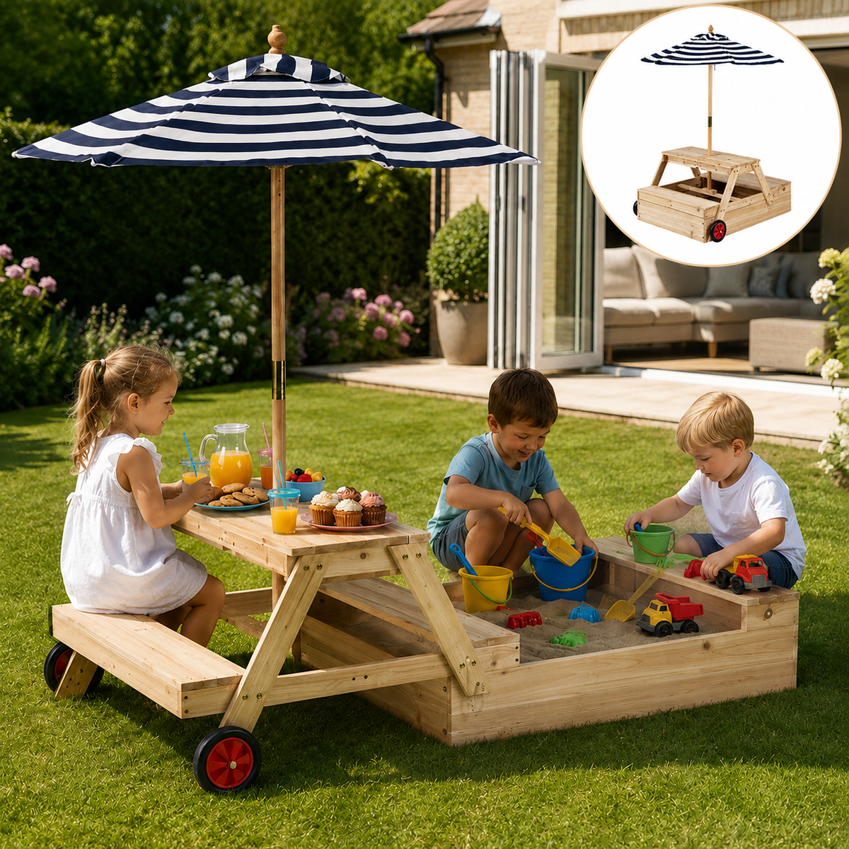 2-in-1 Wooden Sandpit Picnic Table With Umbrella – www.littlehelper.co.uk