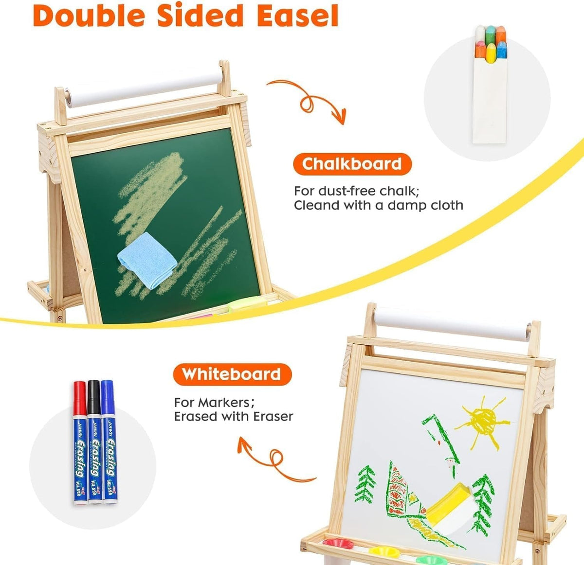 Kinderschildersezel met papierrol dubbelzijdig schoolbord whiteboard peuter houten schilderij kunst staande ezel in hoogte verstelbaar met opberglade letters cijfers en andere accessoires Kinderschildersezel met papierrol dubbelzijdig schoolbord whiteboard peuter houten schilderij kunst staande ezel in hoogte verstelbaar met opberglade letters cijfers en andere accessoires