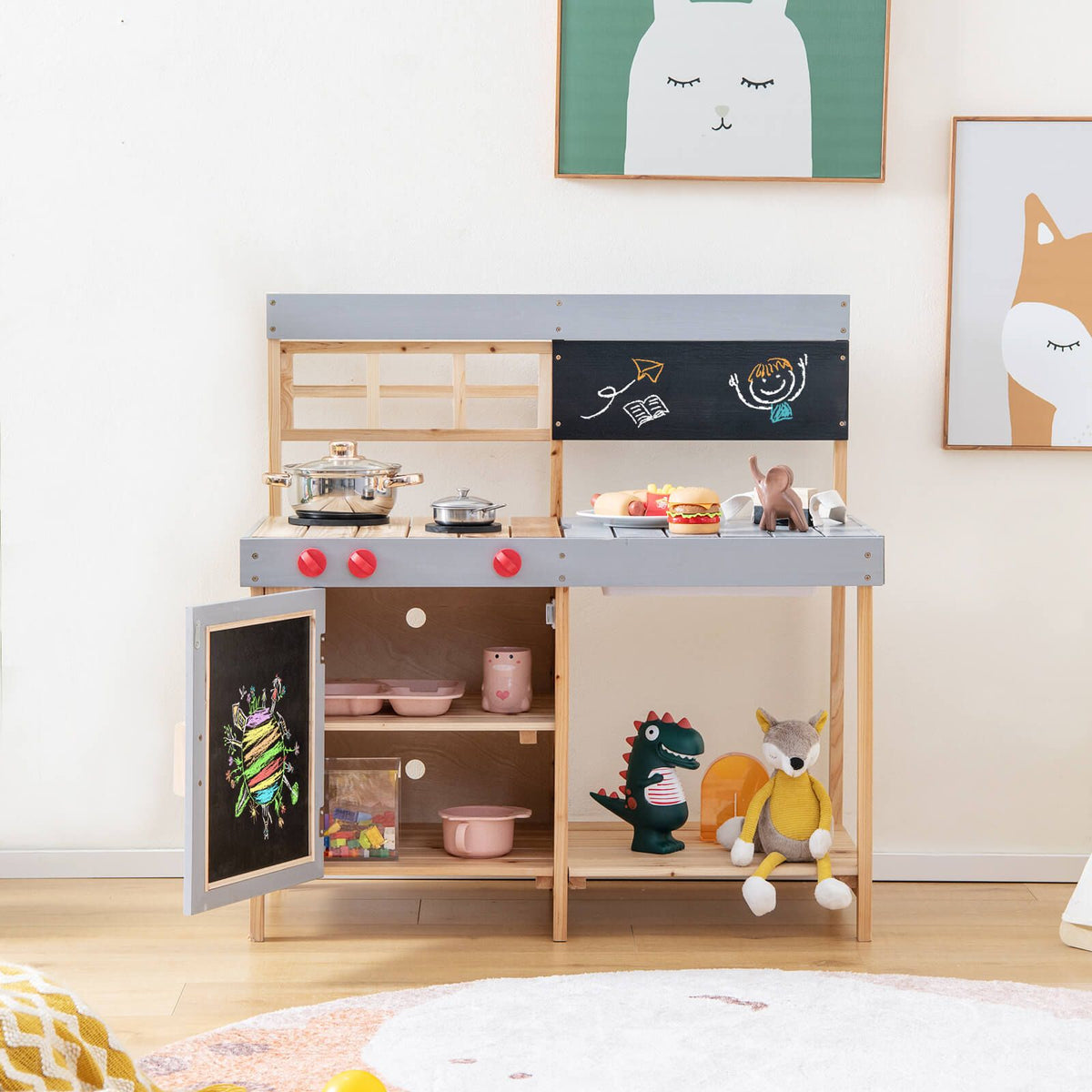 Montessori Wooden Kids Outdoor Toy Kitchen with Chalkboard 3 Years