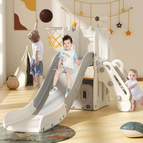 Montessori Children’s Slide Set | Basketball Hoop | Castle | Bridge | Indoor or Outdoor | Storage | Beige or Blue