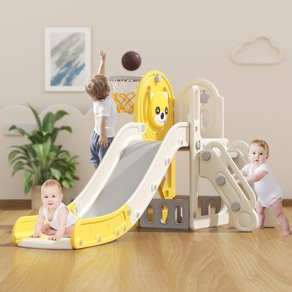 Children’s Montessori Slide Set | Basketball Hoop | Indoor or Outdoor | Yellow or Grey