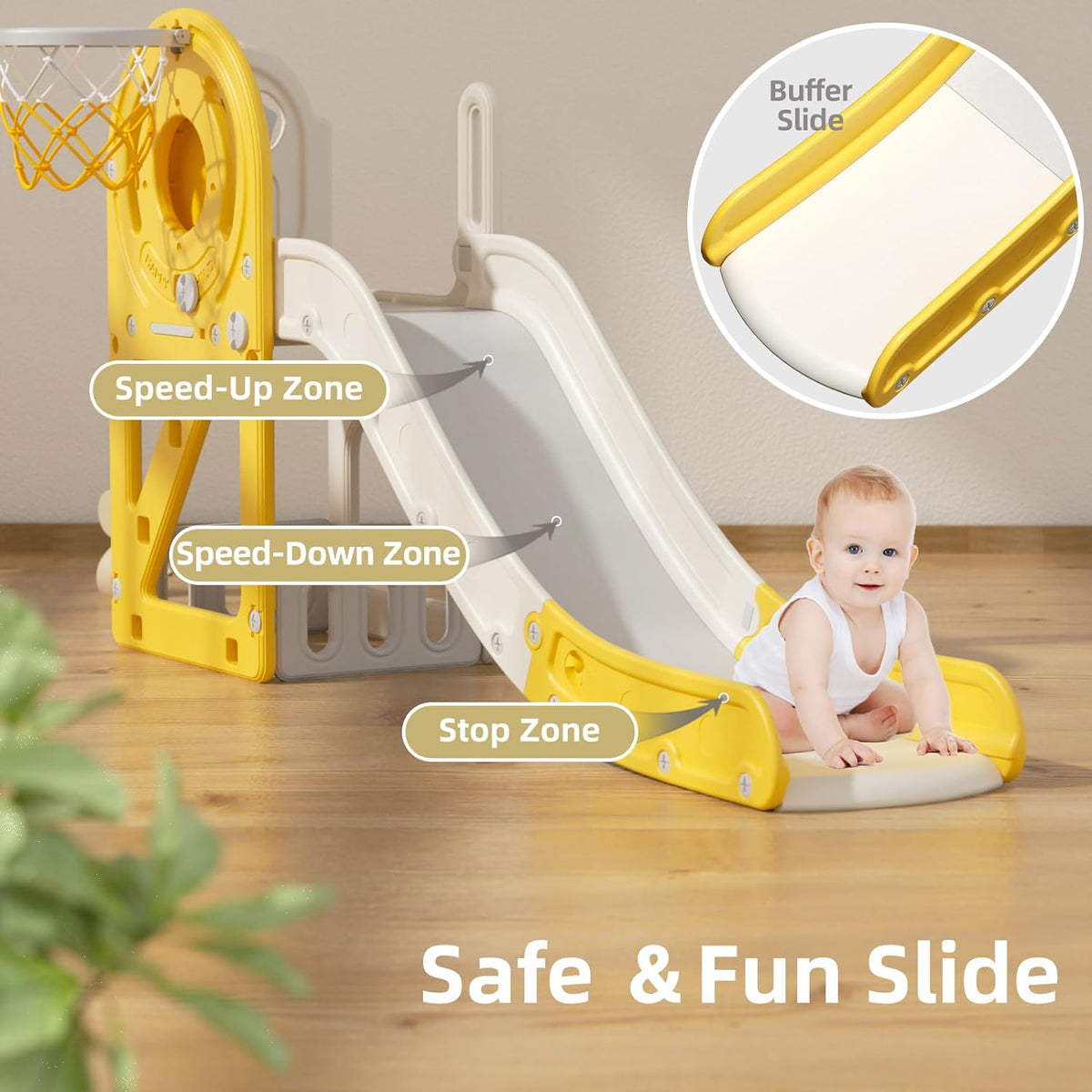 Children’s Montessori Slide Set & Basketball Hoop Yellow & Grey www