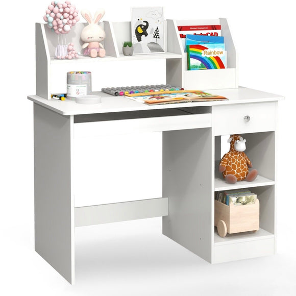 Children's White Homework Desk | Bureau | Storage Shelves & Drawer | 5-14 Years