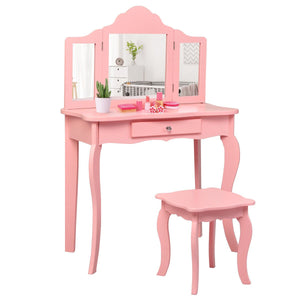 Pink Vanity Unit with Tri-Folding Mirrors | Kids Dressing Table | Pink or White | 6 - 13 Years