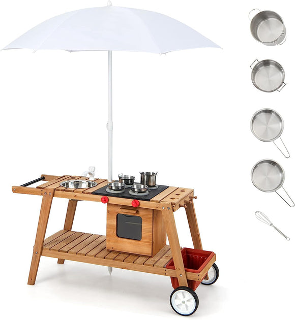Portable | Eco Friendly Montessori Natural Fir Wooden Kids Mud Kitchen with Umbrella | Wooden Toy Kitchen | 3 Years+