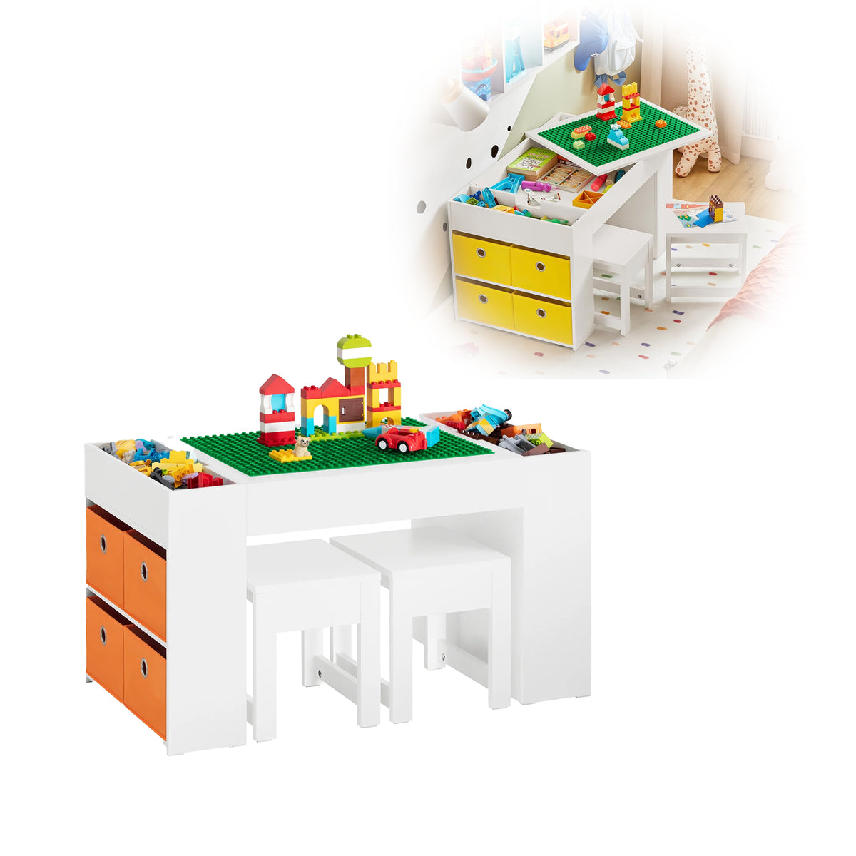 Montessori-Kunsttisch 2 Hocker | Wendbarer Schreibtisch & Lego-Tisch