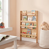 Montessori wall-mounted kids bookshelf in natural wood – child-height book display