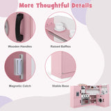 Pink toy kitchen set with detailed features on a light pink background