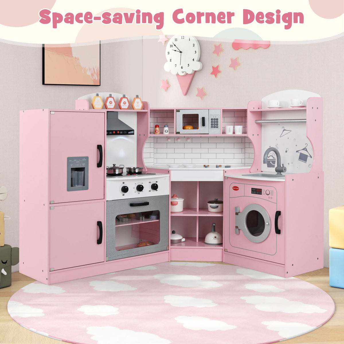 Deluxe Realistic Wooden Corner Toy Kitchen Lights Sounds