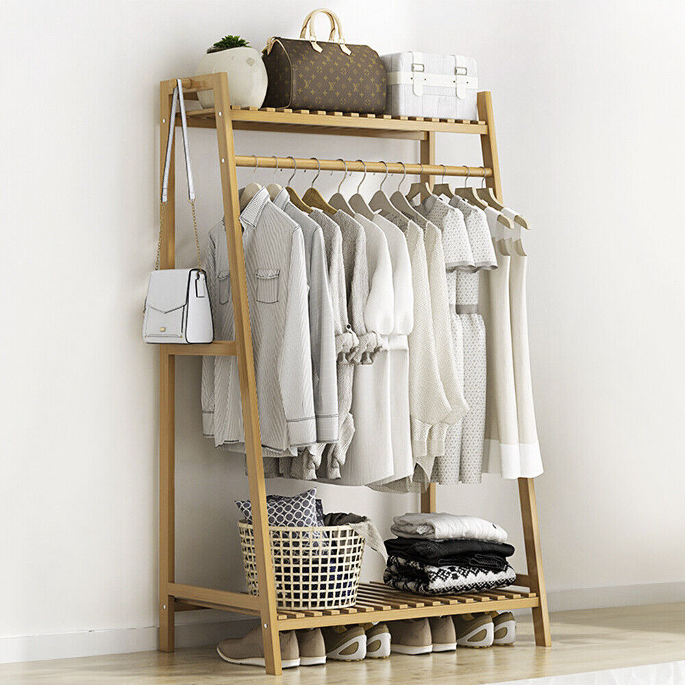 Eco 100% Bamboo Freestanding Clothes Rack with Shelf Side Hooks