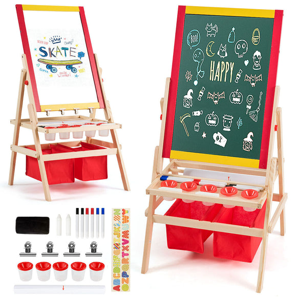 Deluxe 3-in-1 Eco Conscious Pine Wood Height Adjustable Easel | Whiteboard | Blackboard Double Easel | 3-10 years