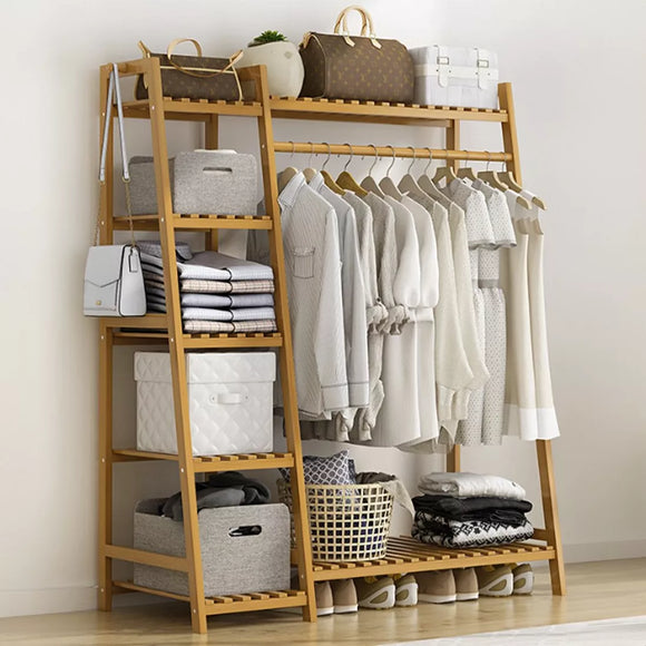 Bamboo Wood Minimalistic Clothes Rail | Freestanding Clothes Rack with 7 Shelves | Natural | 1.1m High