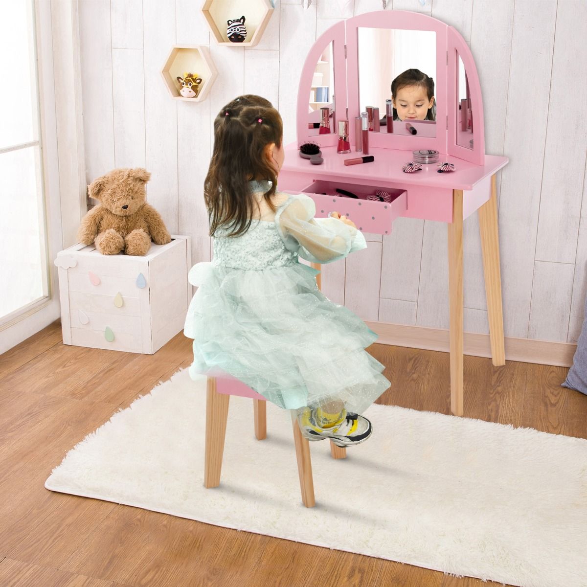 Folding dressing store table stool