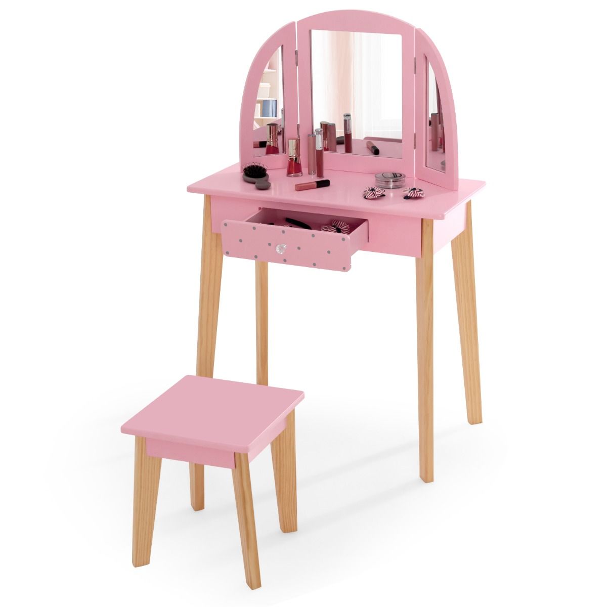 pink dressing table with mirror and stool Modern Makeup Vanity Desk with Mirror, 4 Drawers, Matching Stool for Girls' Rooms, Pink Finish, Space-Saving Design