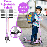 Height Adjustable Kids Folding Stunt Scooter | Adjustable T-Bar | Push Kick | Light Up 2 Wheels | Pink | 4-13 Years