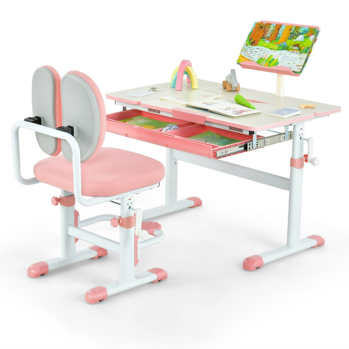 Girls Montessori Height Adjust Tilting Desk Chair Pink 3 12