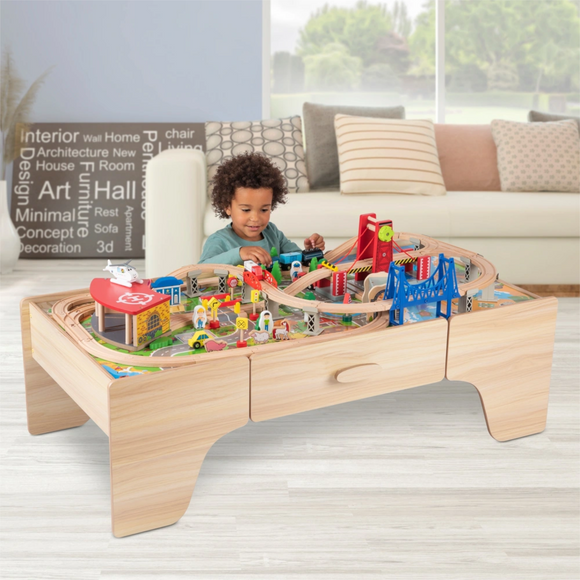 Large Deluxe Montessori FSC Wooden Train Set | 2-in-1 Wooden Train Table | 100pc Train Set