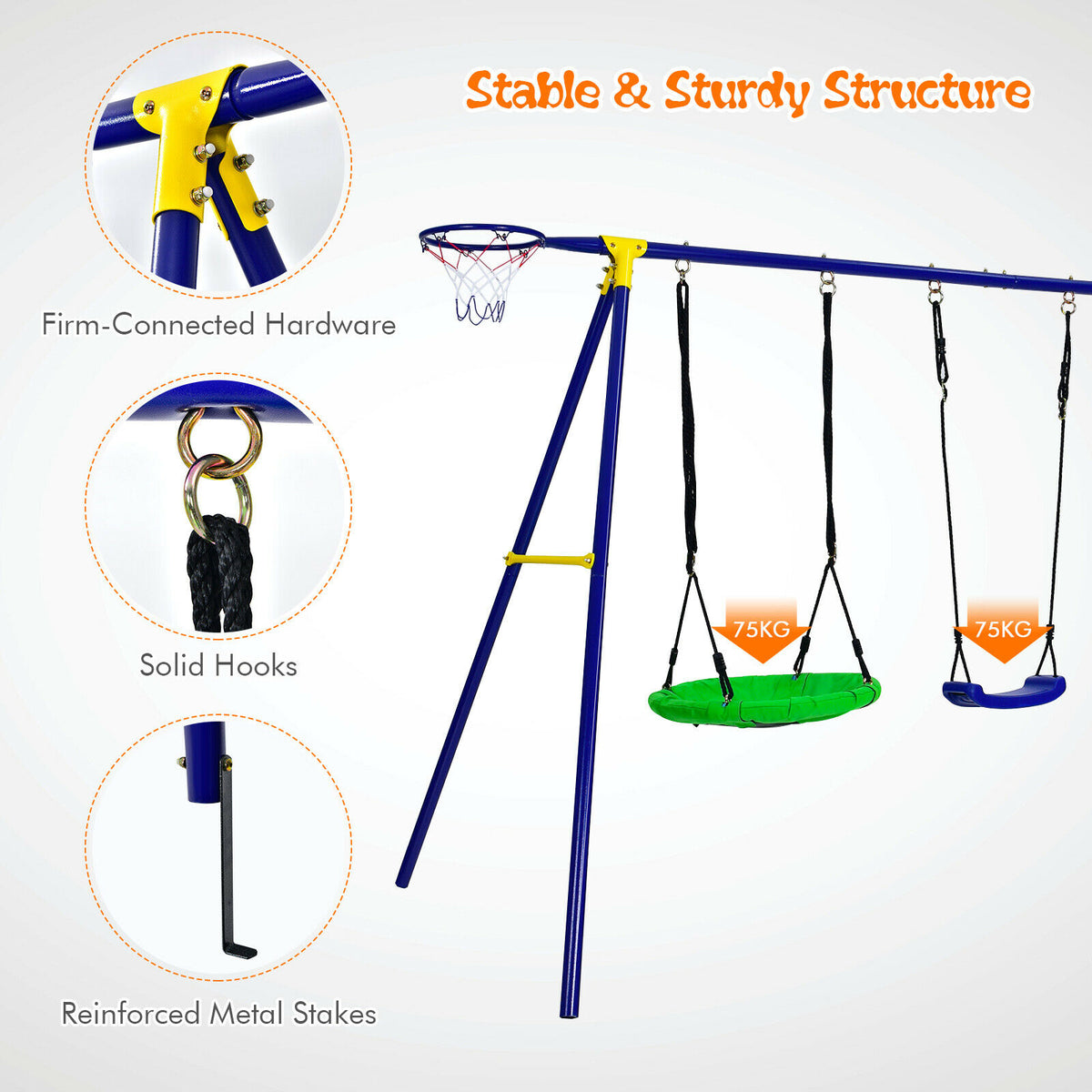 7 in 1 Anti rust Kids 2 Swings Set Climbing Ladder Net