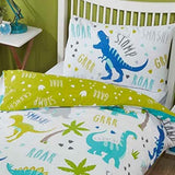  The design features a collection of colourful dinosaurs in tones of green, grey and blue on a white background