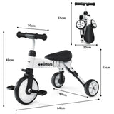 2-in-1 Kids Folding Tricycle Balance Bike | 3 Wheel Bike Trike | Detachable Pedals | White | 1-4 Years