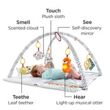 The super-cozy play mat with supportive tummy-time wedge is the perfect spot for your little explorer to embark on a sensory adventure