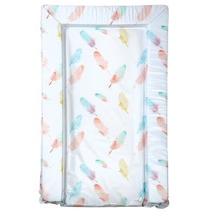 This refreshing pastel toned baby changing mat features a watercolour style print of falling feathers in a palette coral and mint