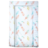 This refreshing pastel toned baby changing mat features a watercolour style print of falling feathers in a palette coral and mint