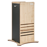 This FunPod Kitchen Helper learning tower has a natural wood look with magnetic and chalk side panels