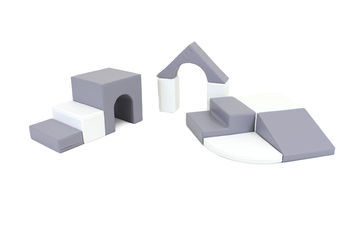 Large Set Soft Play Equipment | 10 Piece Montessori Climb & Slide Foam Play Set | Grey & White | 6m+
