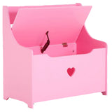 This montessori girls toy box and bench in a lovely candyfloss pink features heart cut outs for your little princess