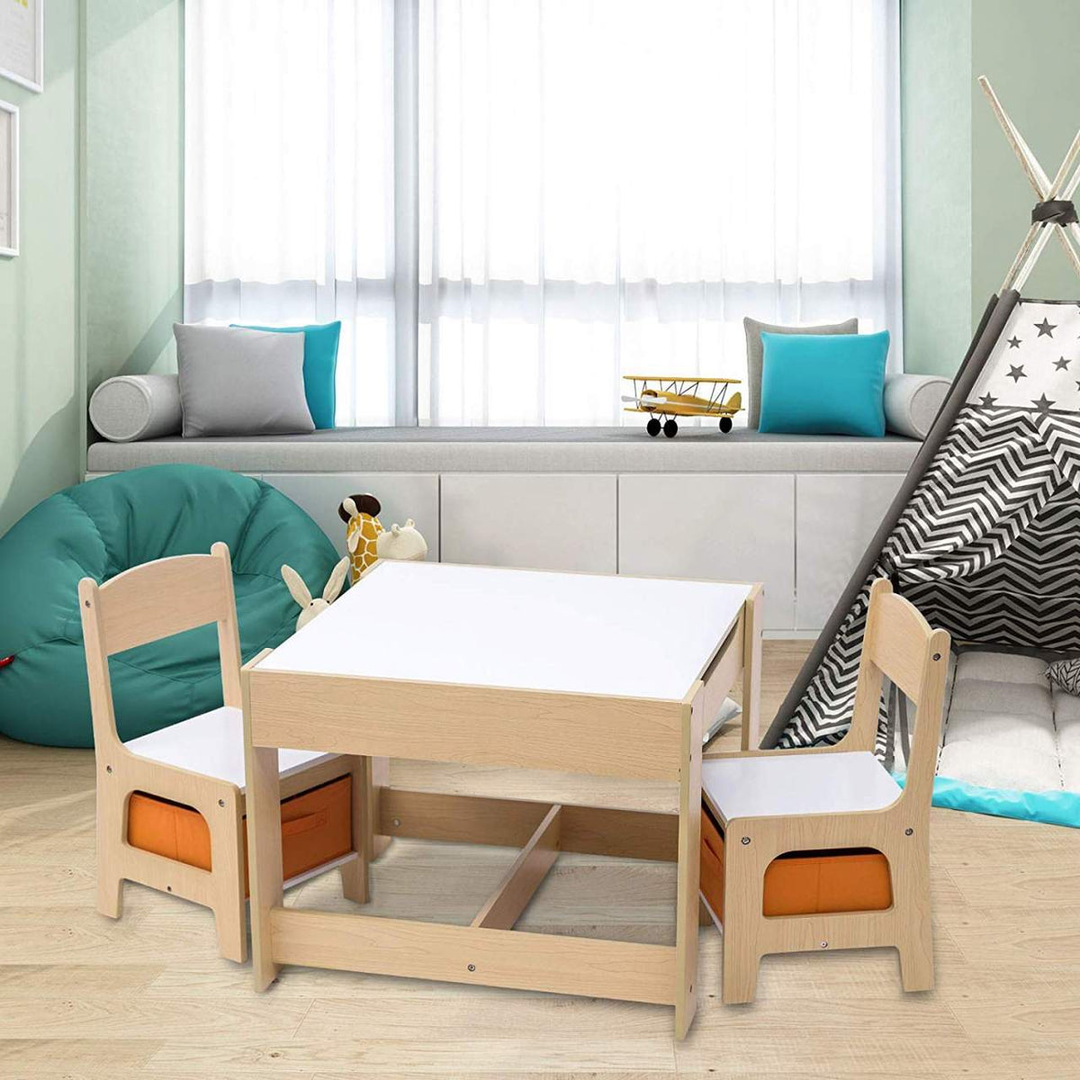 COSTWAY Kindertafel met 2 stoelen, 3-delige kinderzitgroep van hout met COSTWAY Kindertafel met 2 stoelen, 3-delige kinderzitgroep van hout met