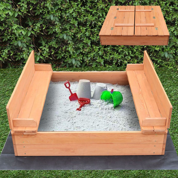 Non-Allergenic, non toxic and high quality natural wooden kids sandpit with lid and seating at size: 100 x 97 x 22 cm