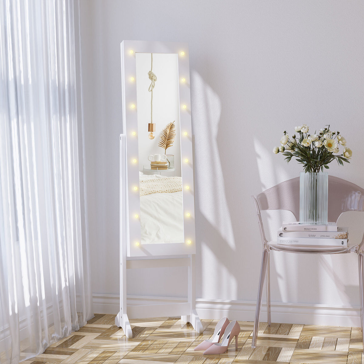 White LED Full Length Mirror | 16 Marquee Lights | Storage | 1.46m