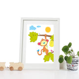40 x 30cm white wooden frame with strut with a white mount featuring a colourful monkey print for bedrooms or playrooms