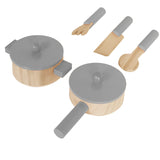 Included in this wooden toy kitchen are chef's cooking tools and two pans