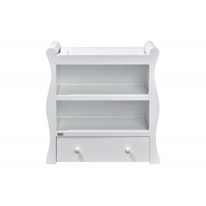 This lovely White Wooden  Dresser has a top and sidewalls perfectly fitting a standard-sized changing mat.