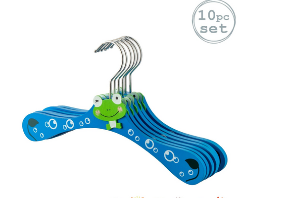 Children's Wooden Hangers | Toddler Hangers | Cute Frog | Pack of 10 | Blue