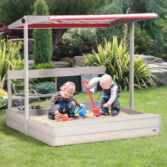 3-in-1 Eco Natural Fir Wood Sandpit, Mud Kitchen and Water Play with Sun Canopy & Cover | 3-8 Years