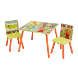 Super cute and colourful kids table and 2 chairs set featuring cute safari and animals