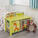 Supplied flat packed for easy adult assembly, this is a lovely colourful wooden toy box featuring jungle animals