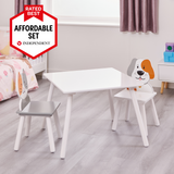 Children's Wooden Table and 2 Chair Set with Cat & Dog Design. Rated best afforable table and chair set.