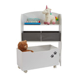 Includes 1 large book shelf and 2 large grey fabric boxes for extra storage