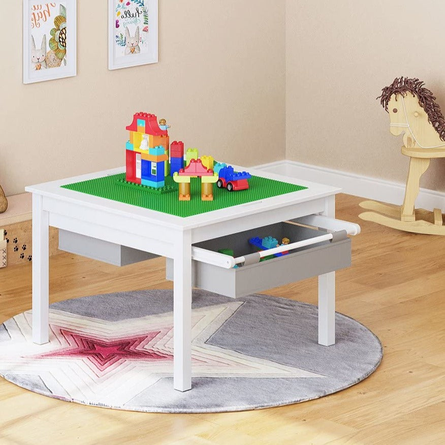 Mesa de actividades Lego para niños 3 en 1 de madera ecológica, 2 sillas, Blanco