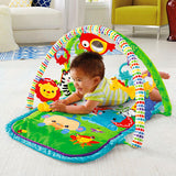 Five toys and an cute take-along musical lion with fun sounds and 2 music modes on a comfy, padded, portable baby play mat